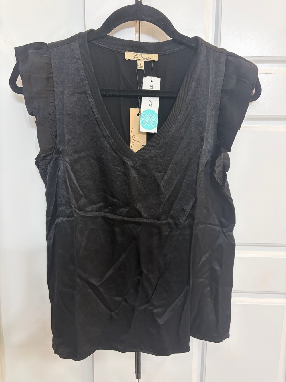 Women’s Black V-Neck Ruffle Sleeve Blouse - Le Sarine